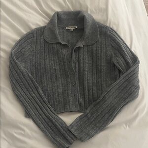 Reformation Gray Ribbed Button-Up Cropped Cashmere Sweater